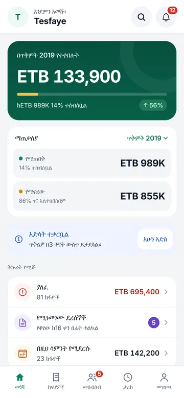 የሪፔይ መነሻ ገጽ፦ በጥቅምት 2019 የተቀበሉት 133,900 ብር ከሚጠበቀው 989 ሺህ ብር ጋር፣ ቀጥሎም ትኩረት የሚሹ፦ ያለፈባቸው ከፋዮች፣ የሚገመገሙ ደረሰኞችና በዚህ ሳምንት የሚከፈሉ።