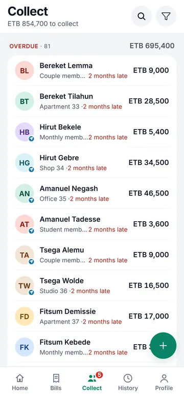Collect screen: ETB 854,700 to collect, overdue payers listed first with how many months late and the amount in birr.