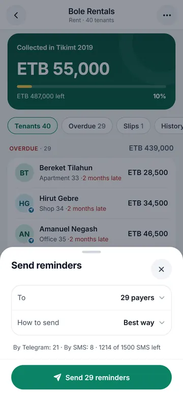 Send reminders: 29 overdue payers, 21 reached by Telegram and 8 by SMS, sent with one tap.