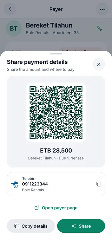 Share payment details: a QR code and link so Bereket Tilahun can pay ETB 28,500 directly, with the Telebirr number to pay to.